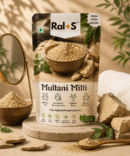Ralos Multani Mitti Powder with clay pieces and powder on luxury beige spa-inspired background