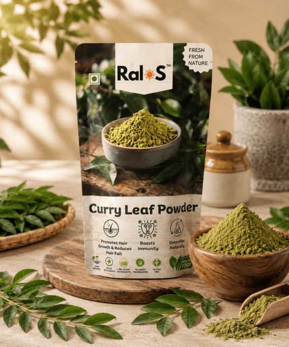 Ralos Curry Leaf Powder with fresh curry leaves and natural powder on a premium beige wellness background