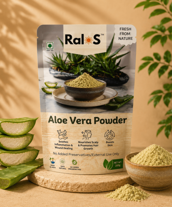 Ralos Aloe Vera Powder with fresh aloe vera leaves on premium wellness background