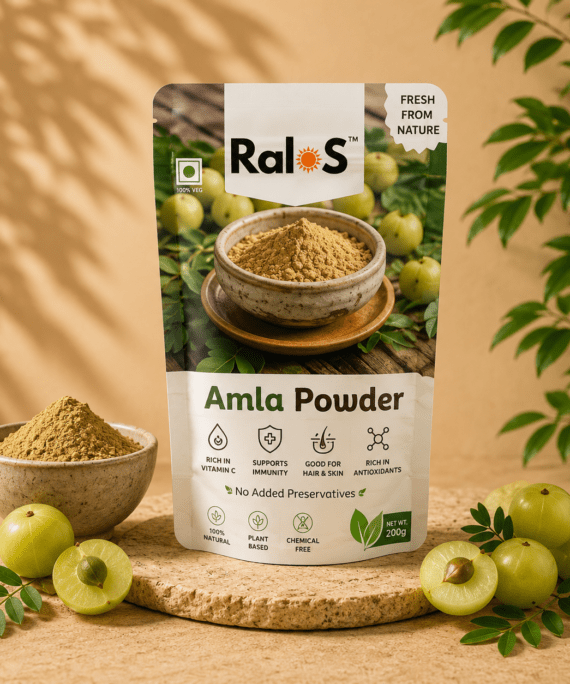 Ralos Amla Powder with fresh amla fruits on premium wellness background