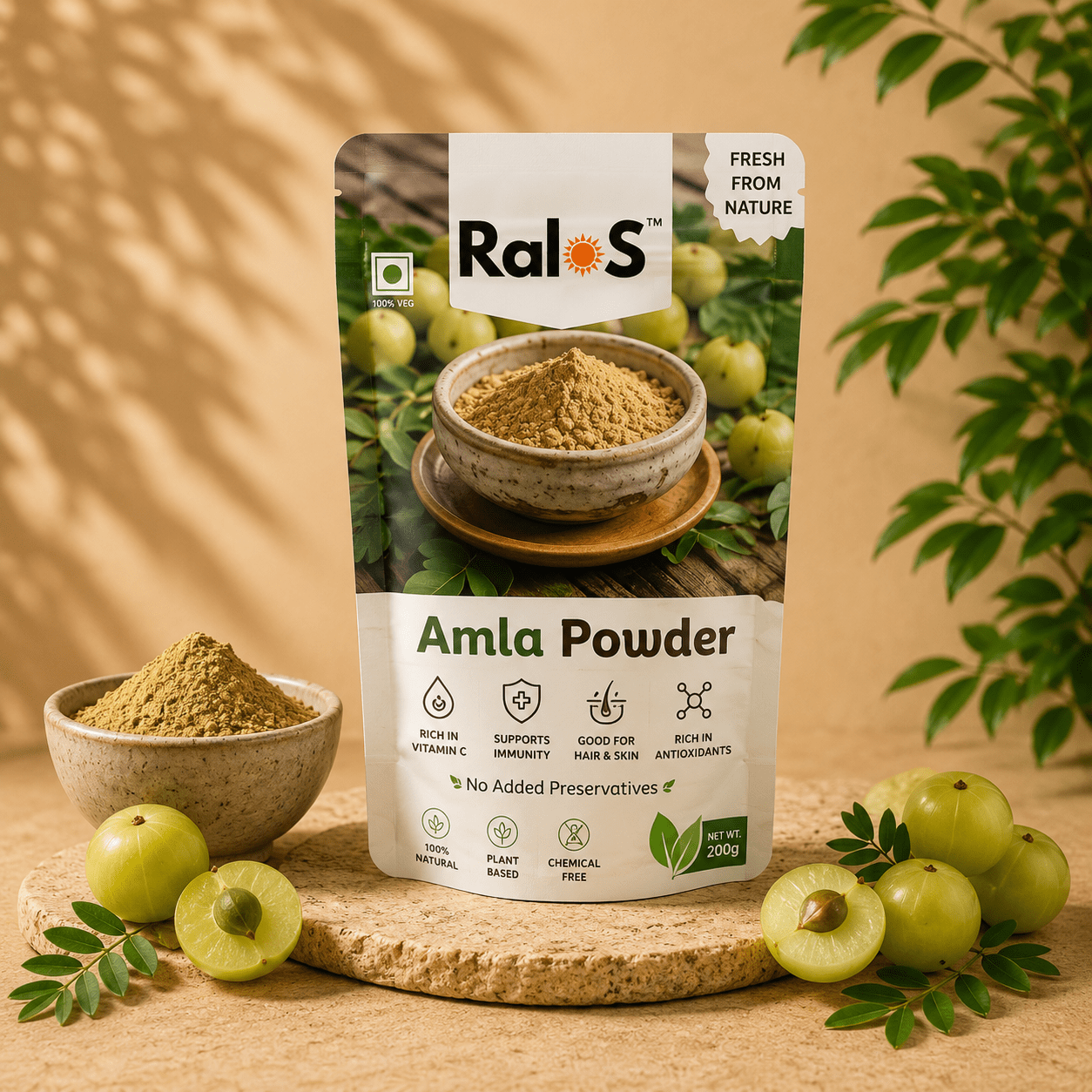 Ralos Amla Powder with fresh amla fruits on premium wellness background