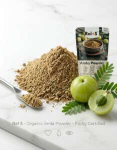 Amla powder for hair growth – natural amla powder with fresh amla fruit, showcasing purity certified herbal hair care product