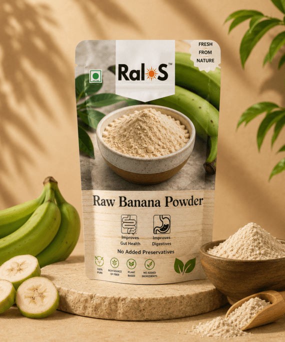Ralos Raw Banana Powder displayed on a premium beige wellness background with fresh raw bananas and natural powder