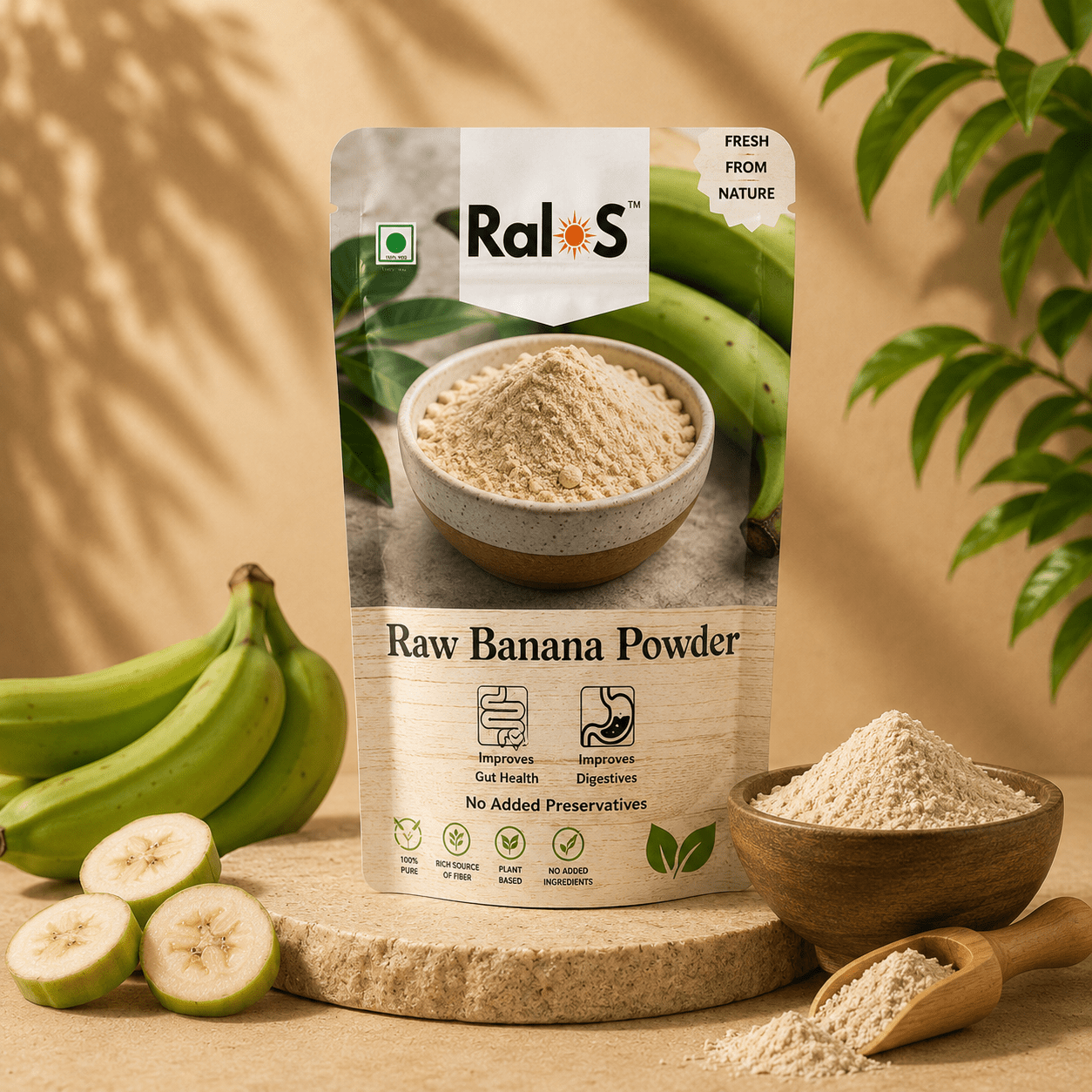 Ralos Raw Banana Powder displayed on a premium beige wellness background with fresh raw bananas and natural powder