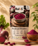 Ralos Beetroot Powder with fresh beetroot and beetroot powder on luxury beige background