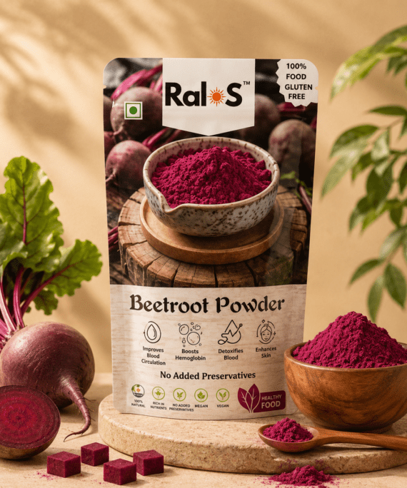 Ralos Beetroot Powder with fresh beetroot and beetroot powder on luxury beige background