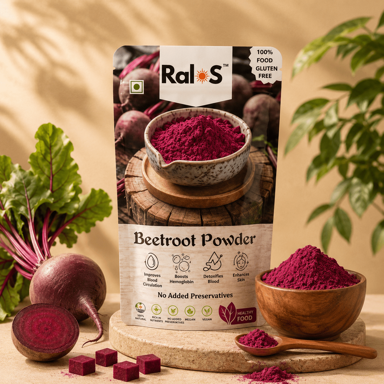 Ralos Beetroot Powder with fresh beetroot and beetroot powder on luxury beige background