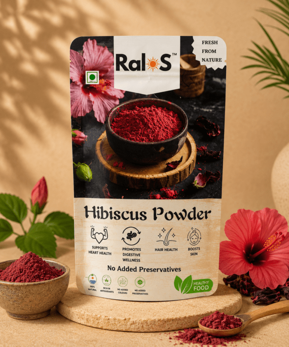 Ralos Hibiscus Powder with hibiscus flowers and natural powder on premium beige background