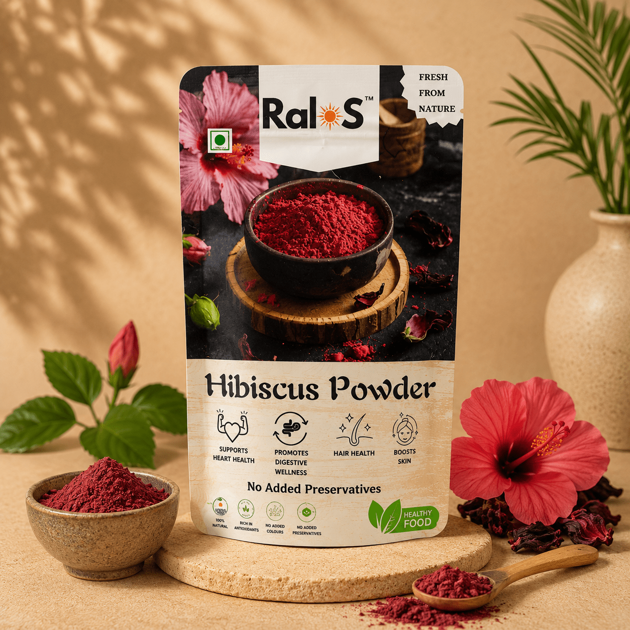 Ralos Hibiscus Powder with hibiscus flowers and natural powder on premium beige background