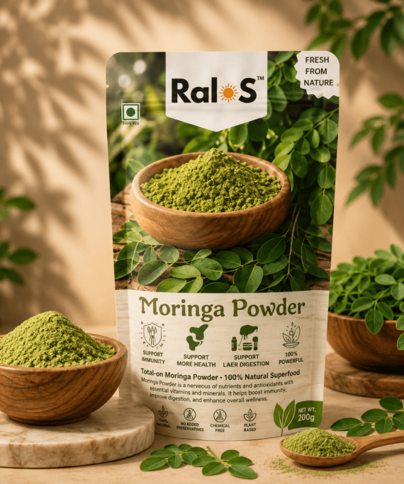 Ralos Moringa Powder with fresh moringa leaves on premium beige wellness background
