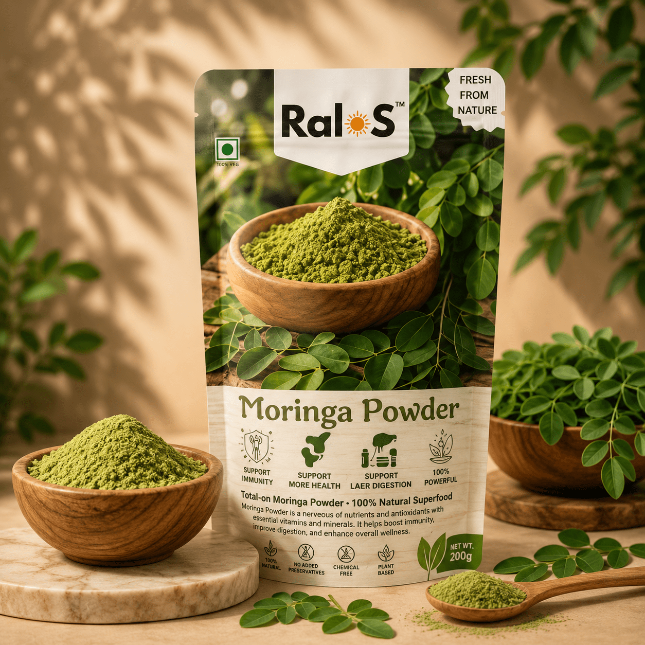 Ralos Moringa Powder with fresh moringa leaves on premium beige wellness background