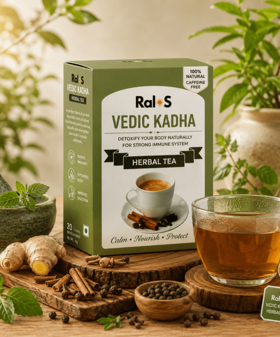 Ralos Vedic Kadha Herbal Tea with traditional herbs and herbal tea on premium wellness background