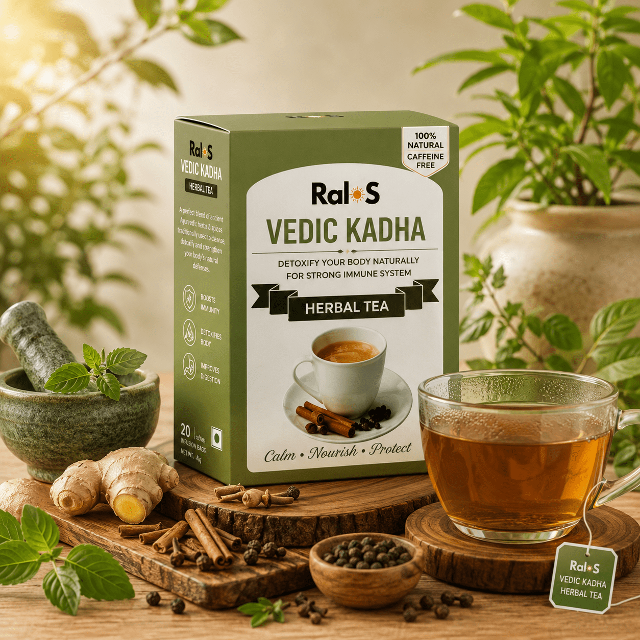 Ralos Vedic Kadha Herbal Tea with traditional herbs and herbal tea on premium wellness background