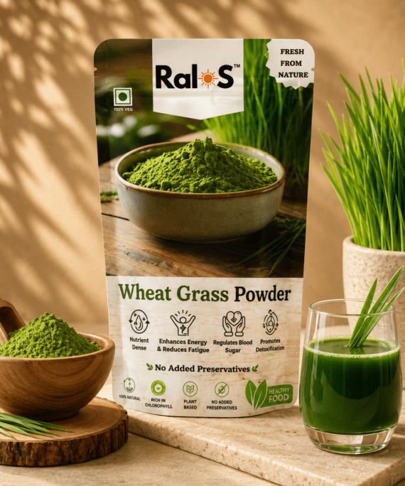Ralos Wheat Grass Powder with fresh wheatgrass and green juice on premium wellness background