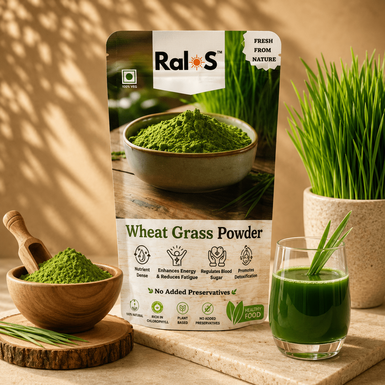 Ralos Wheat Grass Powder with fresh wheatgrass and green juice on premium wellness background
