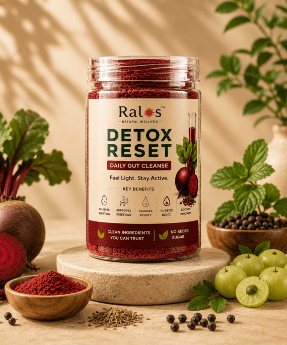 Ralos Detox Reset powder displayed with beetroot, amla and natural ingredients on a premium wellness background
