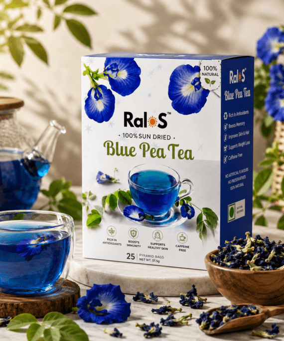 Ralos Blue Pea Tea with butterfly pea flowers and blue herbal tea on premium wellness background