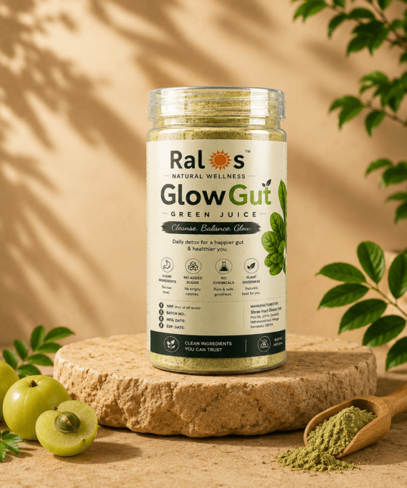 Glow Gut Green Juice powder by Ralos with amla, mint, spinach and herbal greens for daily gut health and digestion support