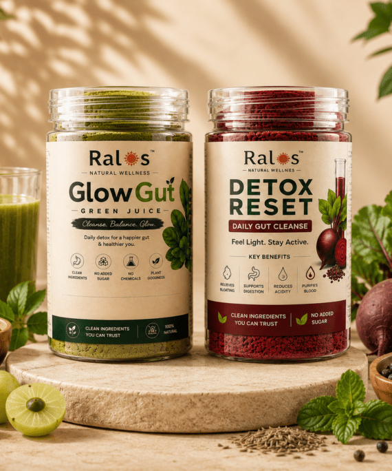 Ralos Glow Gut and Detox Reset combo displayed together with natural ingredients on a premium wellness background